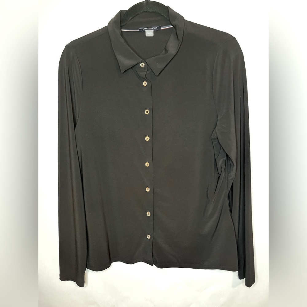 TOMMY HILFIGER BLACK POINT COLLAR ROLL-TAB SLEEVE CREPE DE CHINE BLOUSE SZ M
